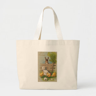 Grand Tote Bag Carte de voeux de Pâques Vintage lapin et poussin