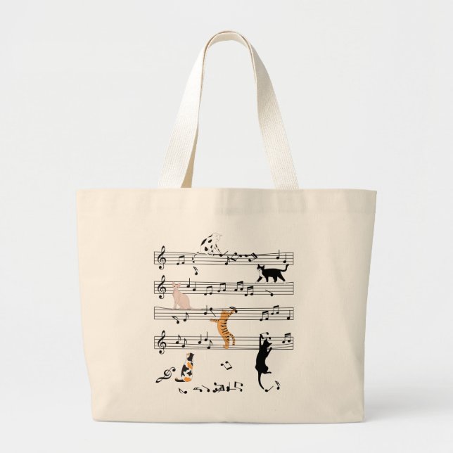 Grand Tote Bag Cat Playing Note Music, Naughty Cat Gift, Cute Cat (Devant)