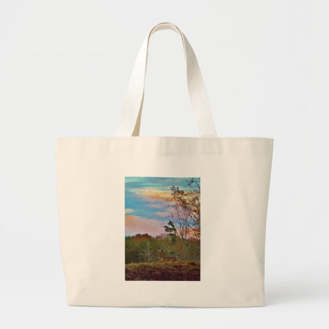 Grand Tote Bag Cerf avec ciel bleu rose (Devant)