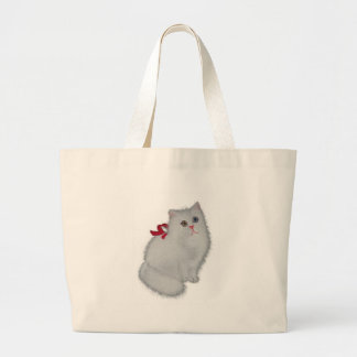 Grand Tote Bag Chat blanc avec le ruban rouge