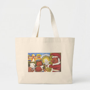 Grand Tote Bag Chat de Père Noël et illustration d'amis par Lou