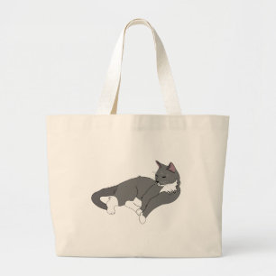 Grand Tote Bag Chat gris et blanc Tuxedo