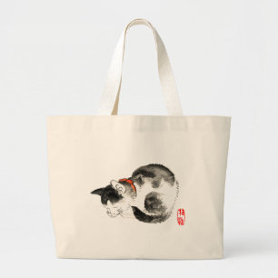 Grand Tote Bag Chat japonais couché noir et blanc
