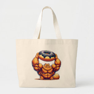 Grand Tote Bag Chat Musclé qui Soulève un Beignet