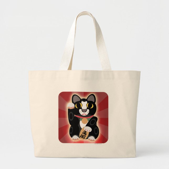 Grand Tote Bag Chat noir et blanc chanceux (Devant)