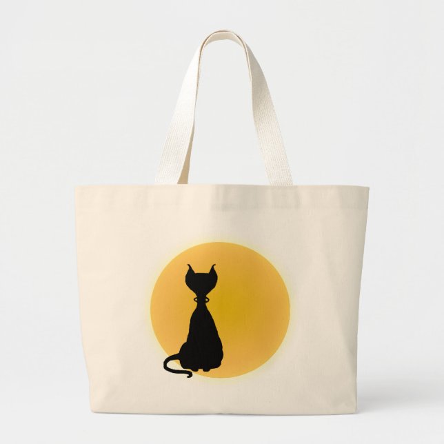 Grand Tote Bag Chat noir et lune jaune Halloween Art (Devant)