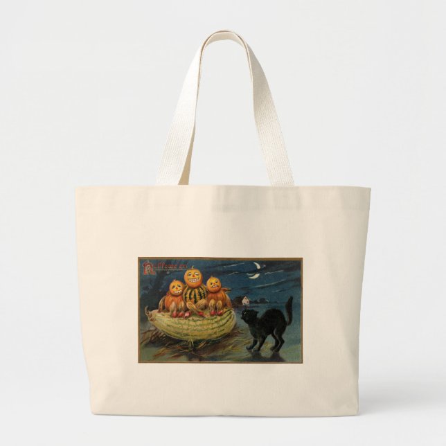 Grand Tote Bag Chat noir vintage Halloween Citrouille (Devant)