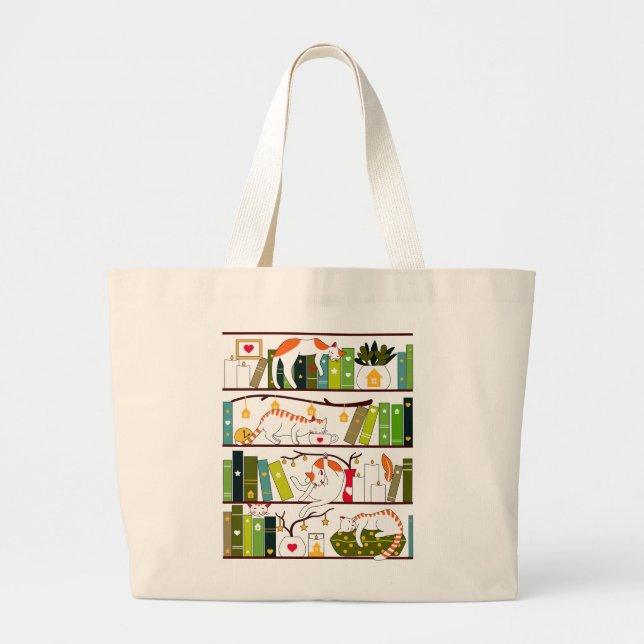 Grand Tote Bag Chats Sur La Librairie, Chat Et Livre Cadeau Lover (Devant)