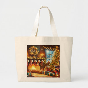 Grand Tote Bag Cheminée de Noël vintage dans le pays des merveill