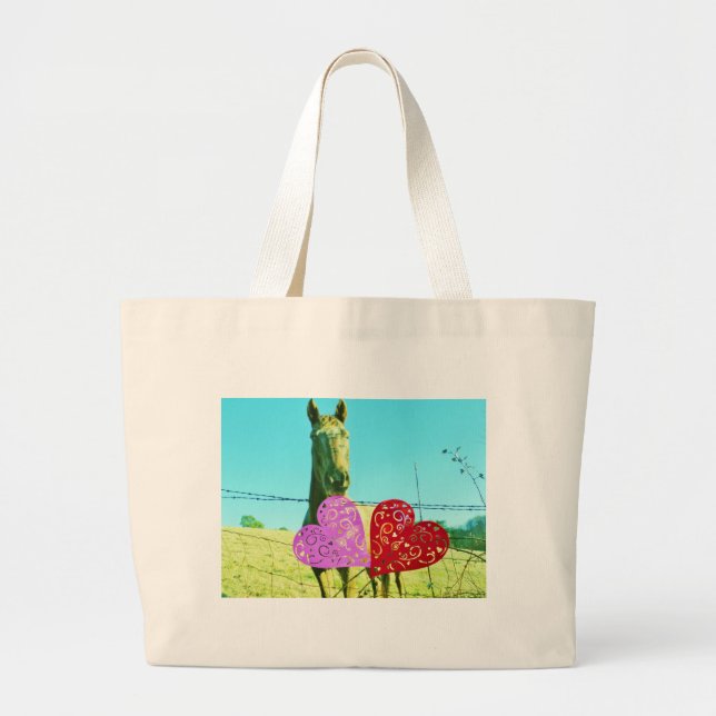 Grand Tote Bag Cheval blond et Coeurs rose et rouge (Devant)