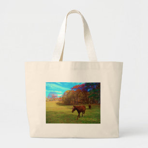 Grand Tote Bag Cheval Brown dans un champ de couleur arc-en-ciel