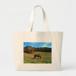 Grand Tote Bag Cheval Brown rouge, arbres de chute, ciel bleu