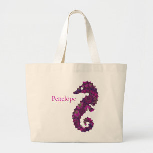 Grand Tote Bag Cheval de mer fragile rose et pourpre avec le nom