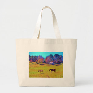 Grand Tote Bag Chevaux dans un champ de couleur arc-en-ciel