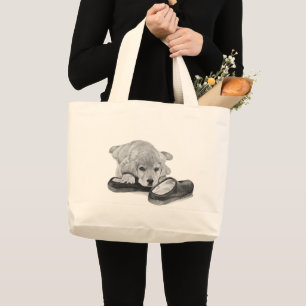 Grand Tote Bag Chien chiot de mignonne récupérant l'art noir et b
