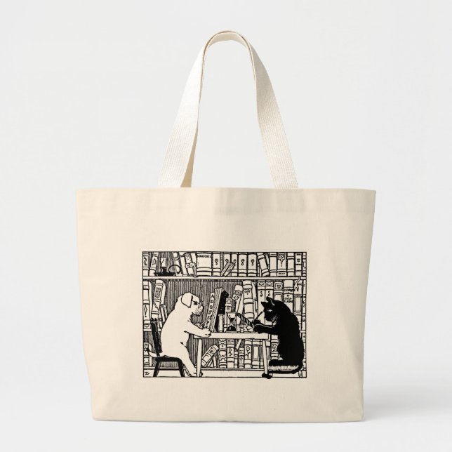 Grand Tote Bag Chien et chat dans la bibliothèque (Devant)