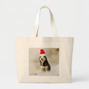 Grand Tote Bag Chien sibérien Husky avec chapeau de Santa Hat en 