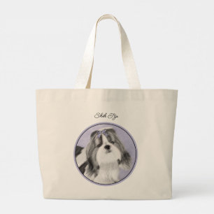 Grand Tote Bag Chih Tzu Peinture Noir & Blanc Original Chien Art