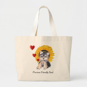 Grand Tote Bag chiot Terrier Yorkshire, cœurs & tournesol