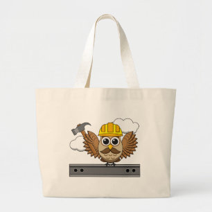 Grand Tote Bag Chouette ouvrière de construction mignonne avec de