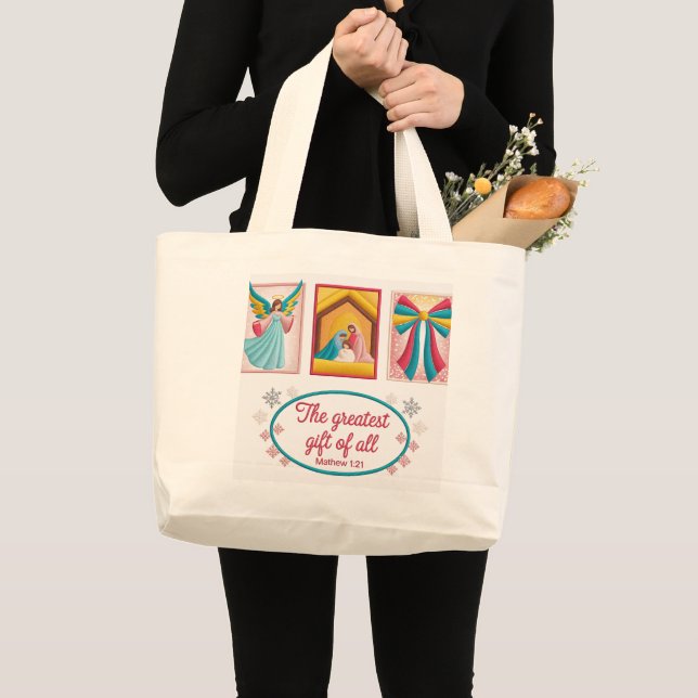 Grand Tote Bag Christmas Machine Embroidery Design – Angel (Devant (produit))