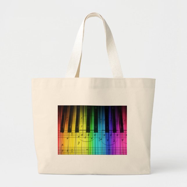 Grand Tote Bag Clavier et notes de piano d'arc-en-ciel (Devant)