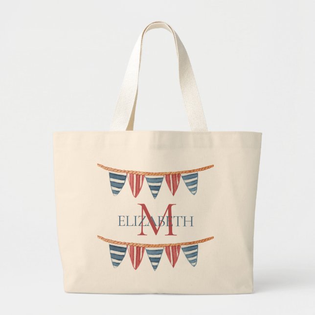 Grand Tote Bag Coastal Nautical Beach Flags Monogram (Devant)