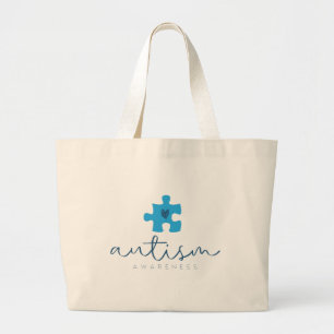 Grand Tote Bag cœur de pièce de puzzle bleu de sensibilisation à