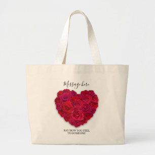 Grand Tote Bag Cœur Floral Romantique Rose Rouge Texte Personnali