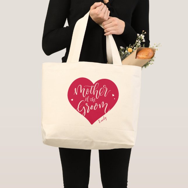 Grand Tote Bag Coeur rouge rose et mère script du marié (Devant (produit))
