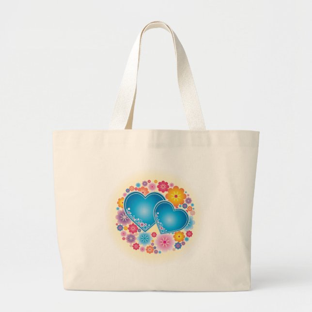 Grand Tote Bag Coeurs Bleus Floral (Devant)