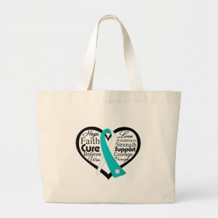 Grand Tote Bag Collage de ruban de coeur de cancer du col de