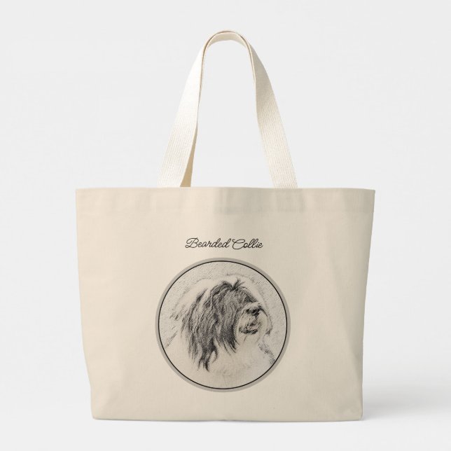 Grand Tote Bag Collie à poils Beardie Black Dessin mignon Chien A (Dos)