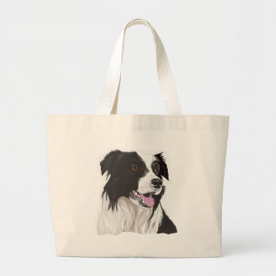 Grand Tote Bag Collie noire et blanche avec les yeux Brown