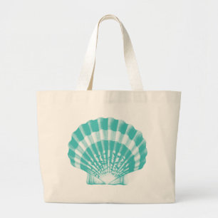 Grand Tote Bag Coquillage - aqua mol et blanc