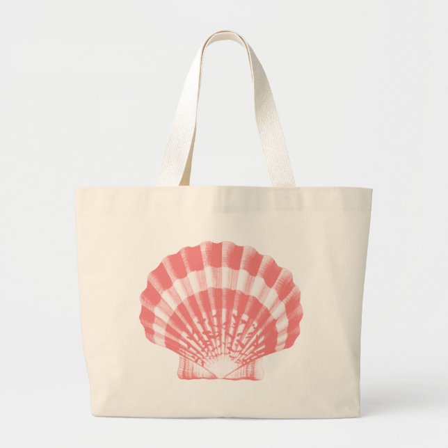 Grand Tote Bag Coquillage - corail rose et blanc (Devant)