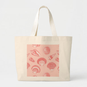 Grand Tote Bag Coquillages - corail rose et blanc