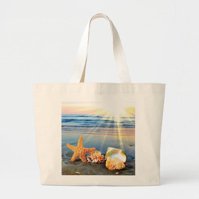 Grand Tote Bag Coquillages marins et étoiles de mer sur la plage (Devant)