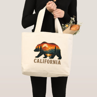 Grand Tote Bag Coucher de soleil avec ours sauvage de Californie