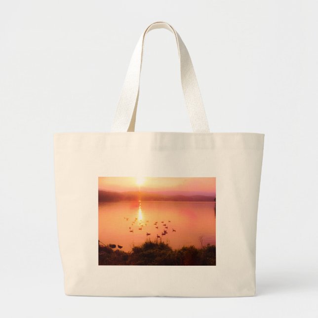 Grand Tote Bag Coucher de soleil rose et de lac de pêche (Devant)