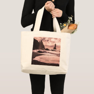 Grand Tote Bag Coucher de soleil sur la plage de sable noir de Re