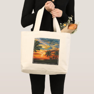 Grand Tote Bag Coucher de soleil tropical étonnant
