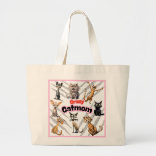Grand Tote Bag Crazy Cat Maman avec nom personnalisé