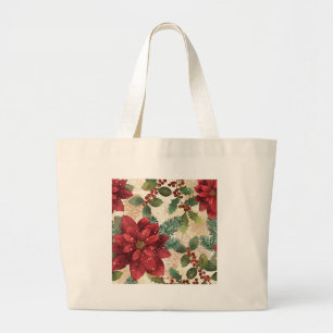 Grand Tote Bag Crème verte rouge Retro les années 50 Poinsettia