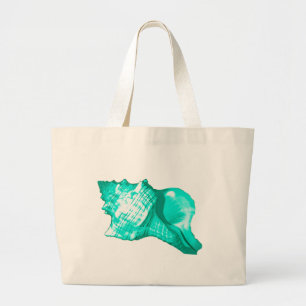 Grand Tote Bag Croquis en coquille de conc - turquoise, blanche e