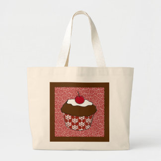 Grand Tote Bag Cupcake au chocolat sur Motif rouge et blanc