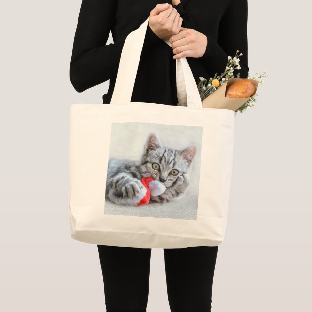 Grand Tote Bag Cute Grey Tabby Chat Noël Casquette Noël Noël Noël (Devant (produit))