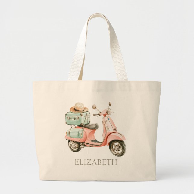 Grand Tote Bag Cute Pink and Aqua Coastal Scooter (Devant)