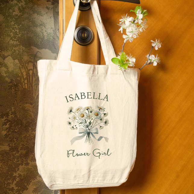 Grand Tote Bag Daisies Bow Aquarelle Nom Floral Flower Girl (Personalize this flower girl tote with delicate blooms and a ribbon bow—perfect for the wedding day.)