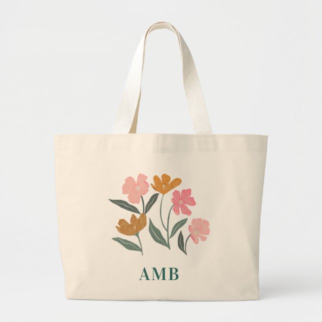 Grand Tote Bag Demoiselle d'honneur à fleurs illustrées monogramm (Devant)